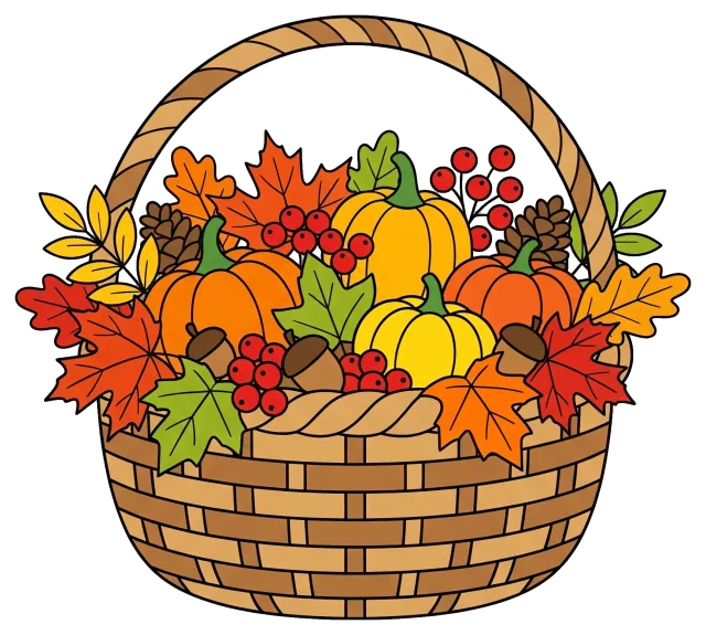 Autumn basket with pumpkins, leaves, and berries