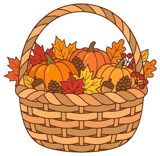 Autumn basket with pumpkins, leaves, pinecones, and acorns