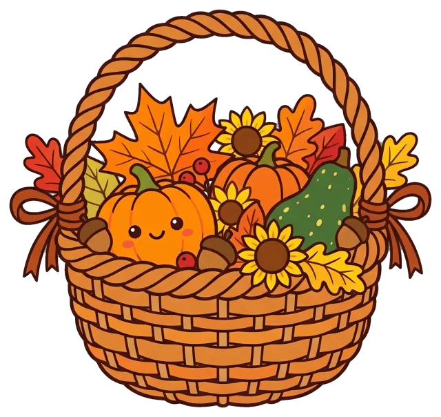 Autumn basket with pumpkins, sunflowers, and fall leaves