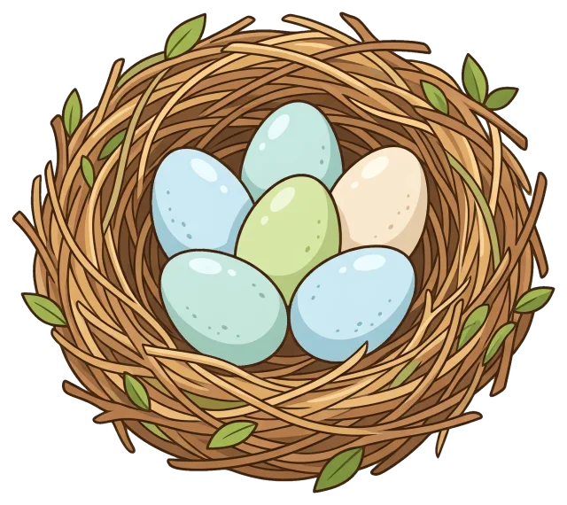 Bird nest with five colorful eggs and green leaves