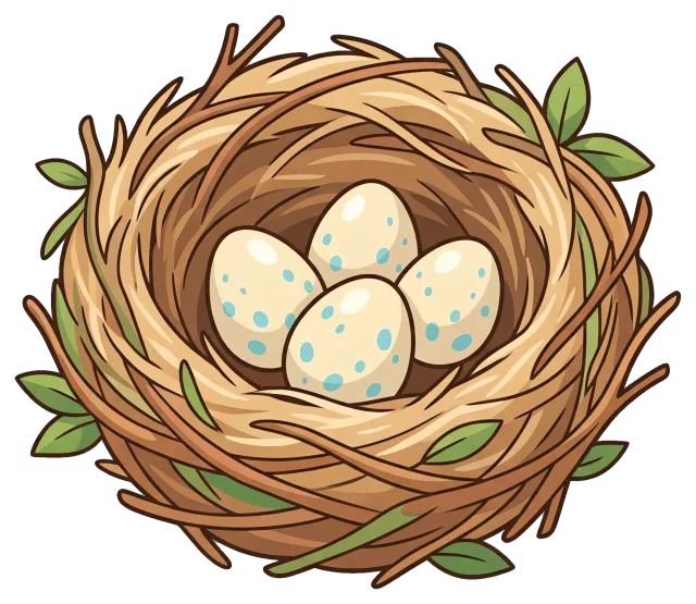 Bird nest with four speckled eggs and green leaves