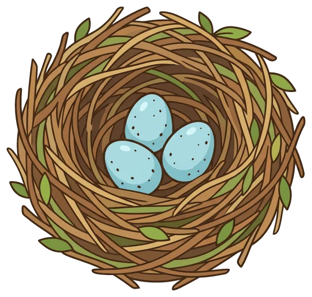 Bird nest with three blue speckled eggs