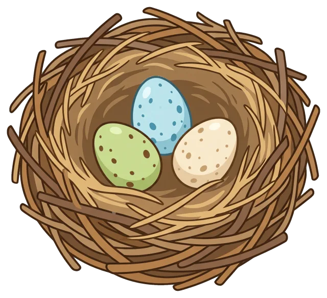 Bird nest with three speckled eggs