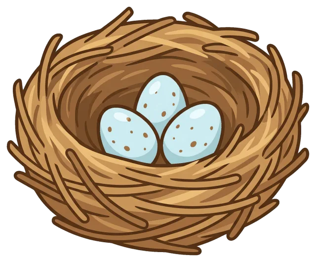 Bird nest with three speckled eggs