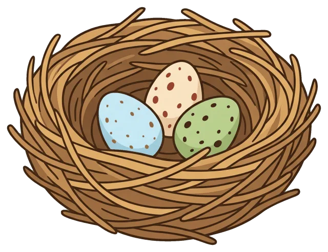 Bird nest with three speckled eggs