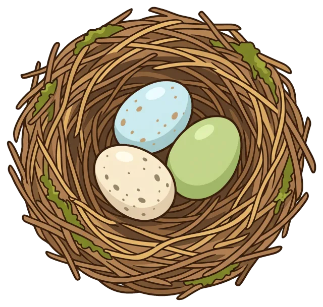 Bird nest with three speckled eggs