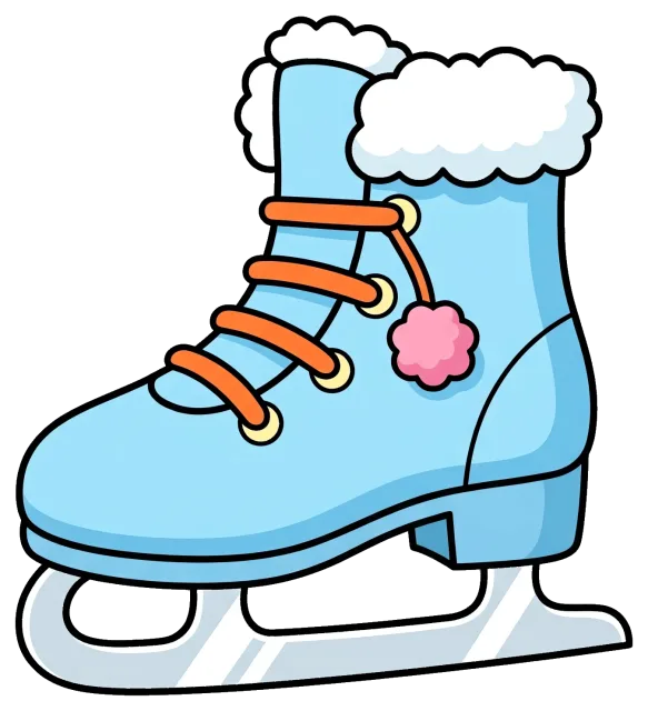 Blue ice skate with orange laces and white fur trim