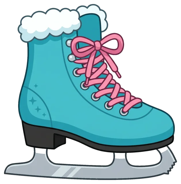 Blue ice skate with pink laces and white fur trim