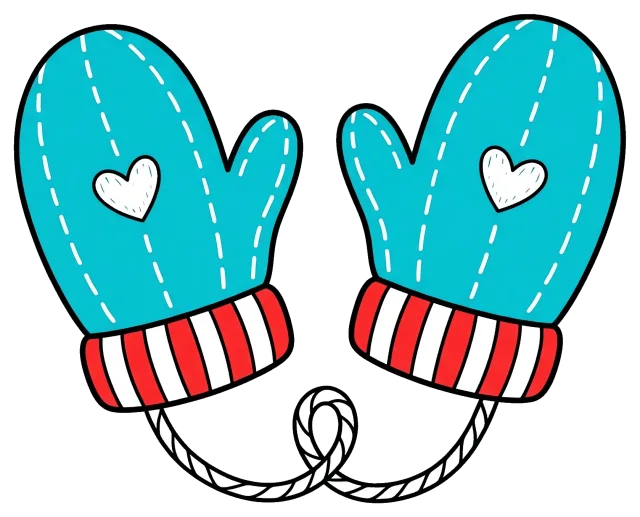 Blue Mittens with Heart and Red Striped Cuffs Connected by String