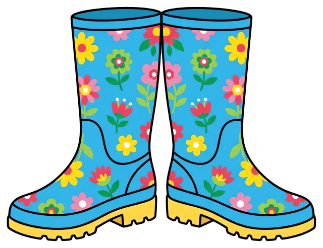Blue rain boots with colorful flower pattern