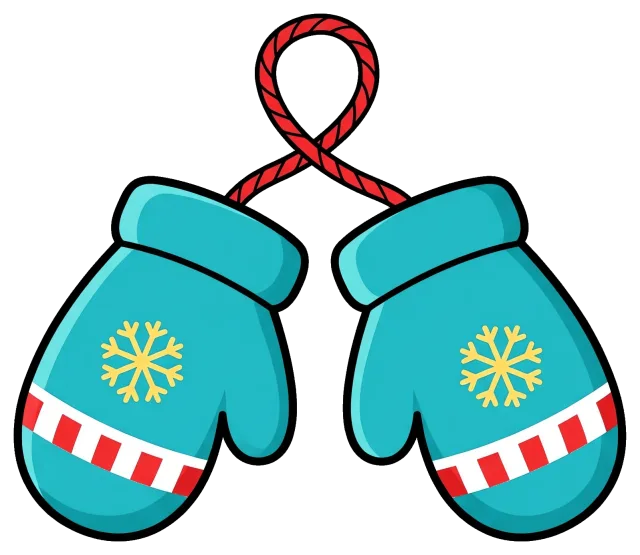 Blue winter mittens with snowflake design connected by red string