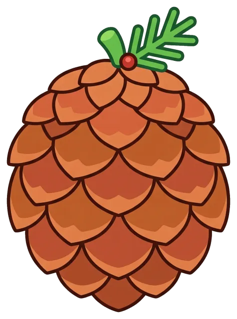 Cartoon Pine Cone with Green Sprig and Red Berry