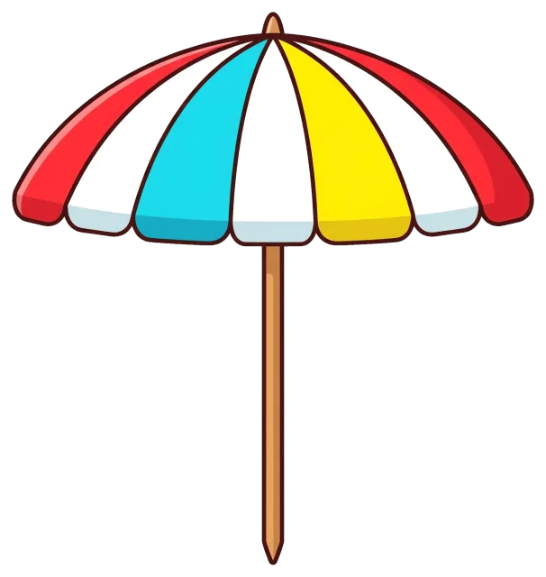 Colorful beach umbrella with red, blue, white, and yellow panels