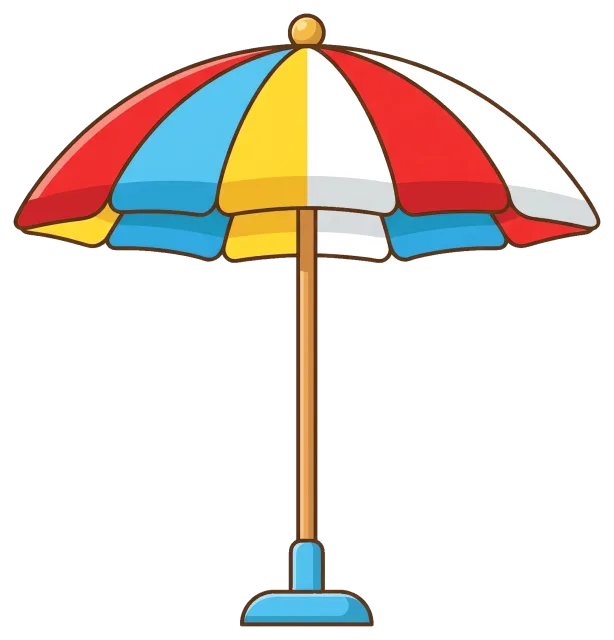 Colorful beach umbrella with red, blue, yellow, and white panels
