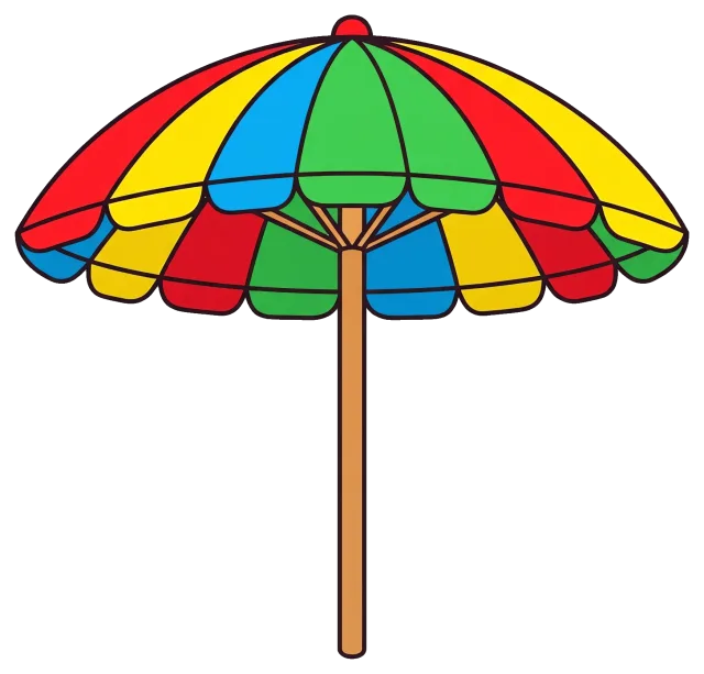 Colorful beach umbrella with red, yellow, green, and blue panels
