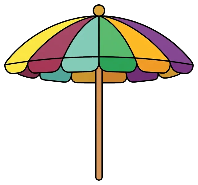 Colorful beach umbrella with wooden pole