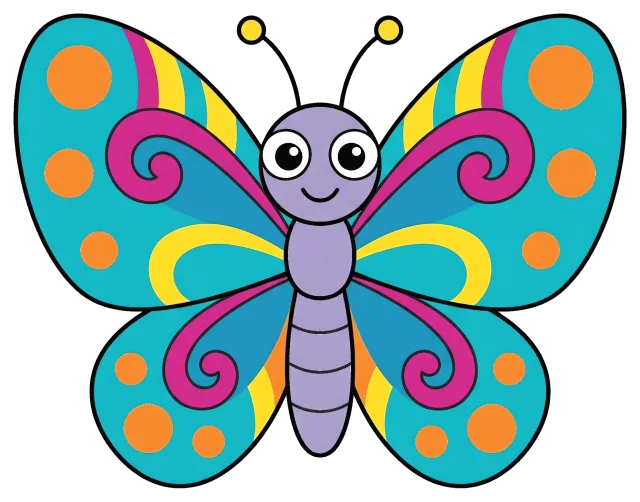 Colorful cartoon butterfly with blue and orange wings