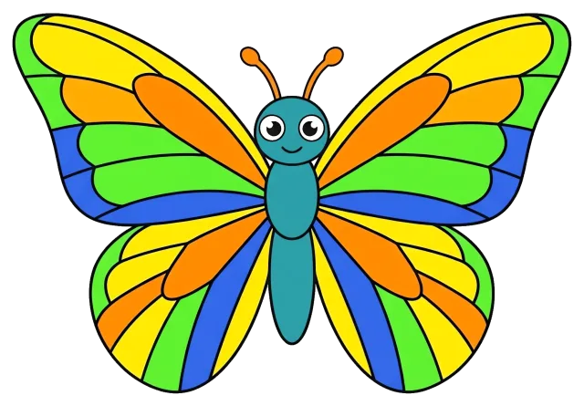 Colorful cartoon butterfly with blue, green, yellow, and orange wings