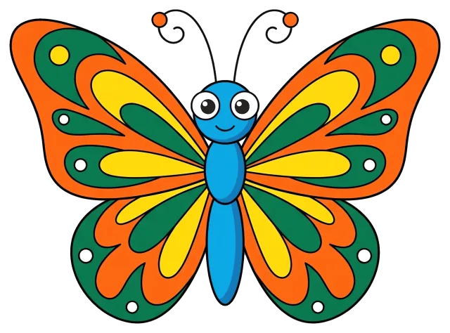 Colorful cartoon butterfly with orange and green wings