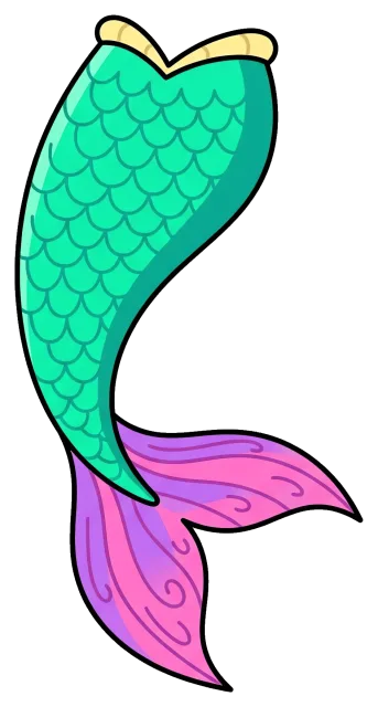 Colorful mermaid tail with green scales and purple fin