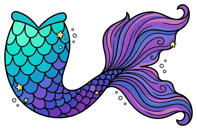 Colorful mermaid tail with starfish and bubbles