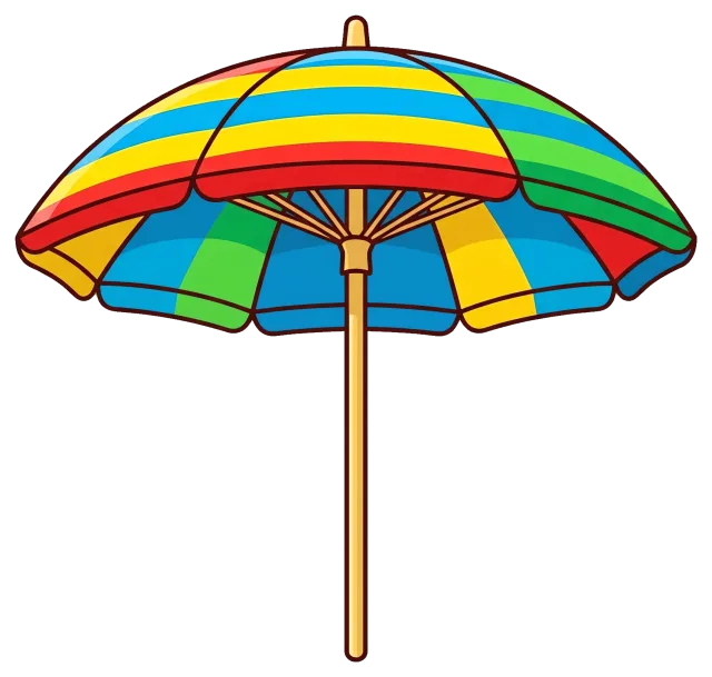 Colorful striped beach umbrella with wooden pole