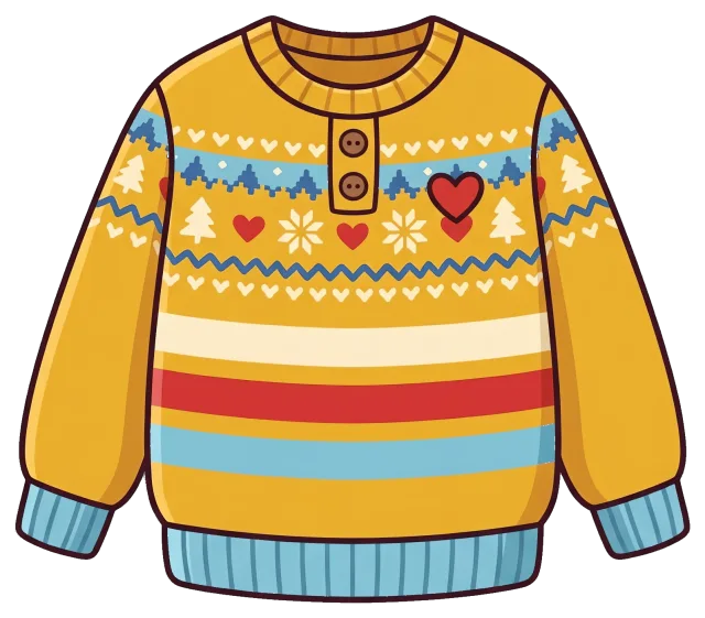 Cozy yellow sweater with heart and winter patterns