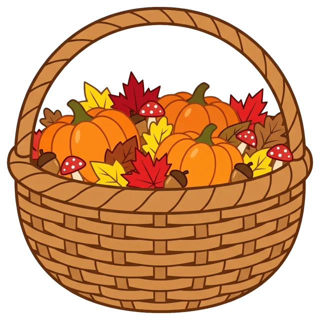 Cute autumn basket with pumpkins and fall leaves