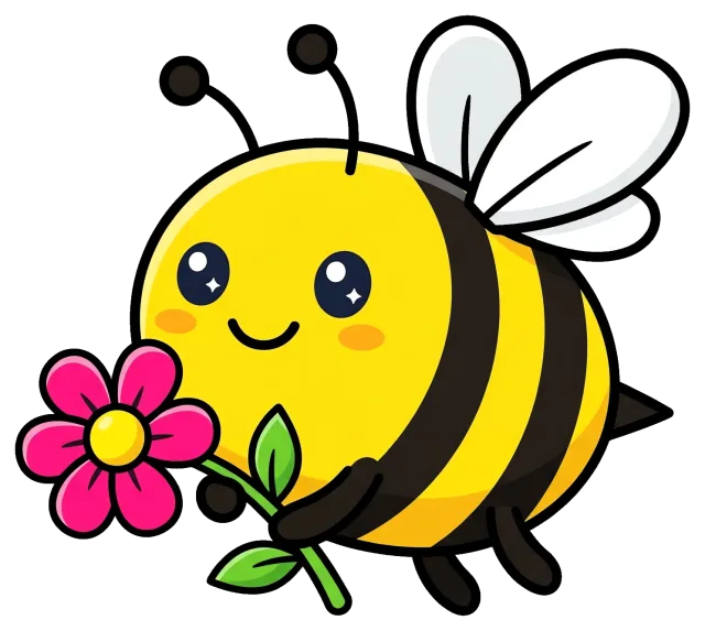 Cute bee holding a pink flower