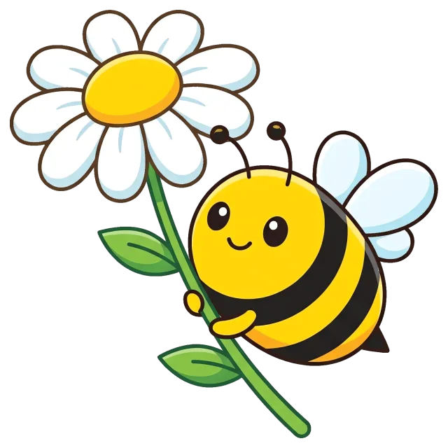 Cute bee holding a white daisy flower