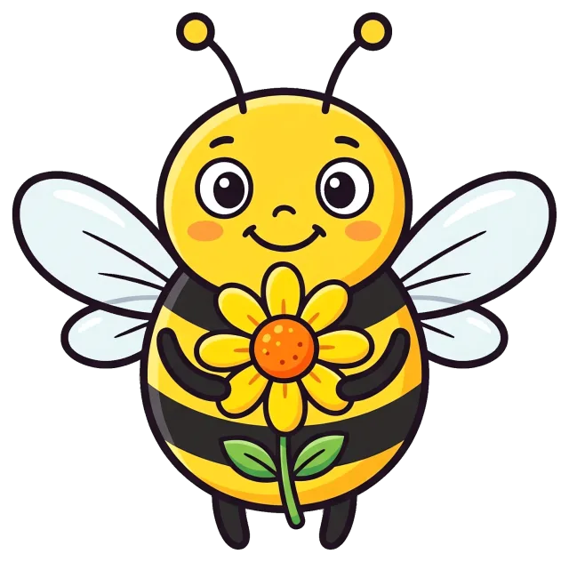 Cute bee holding a yellow flower with green leaves