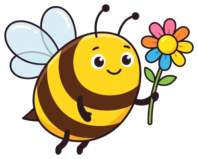 Cute bee holding colorful flower