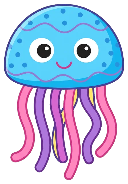 Cute blue jellyfish with colorful tentacles and smiling face