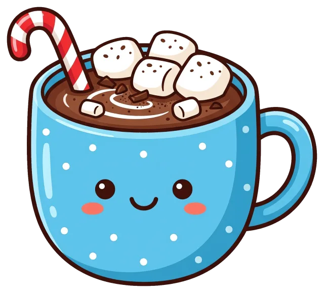 Cute blue mug of hot cocoa with marshmallows and candy cane