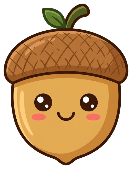 Cute cartoon acorn with smiling face and green leaves