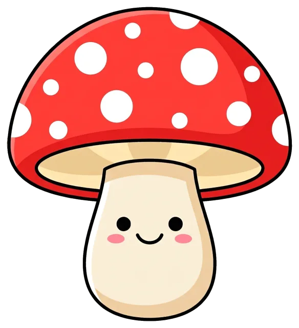 Cute cartoon mushroom with red cap and white spots