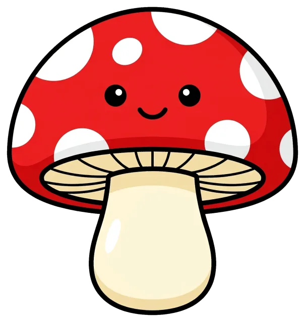 Cute cartoon red mushroom with white spots and smiling face