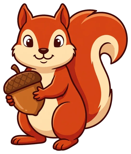 Cute cartoon squirrel holding a large acorn