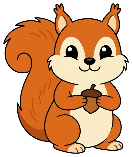 Cute cartoon squirrel holding an acorn on grey background