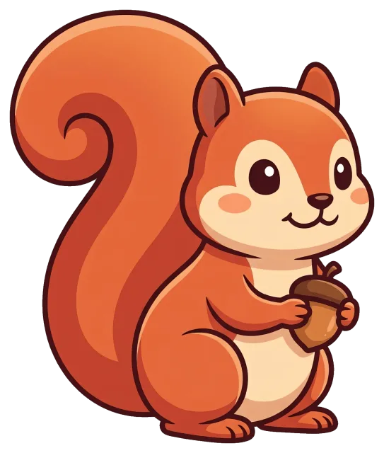 Cute cartoon squirrel holding an acorn on grey background