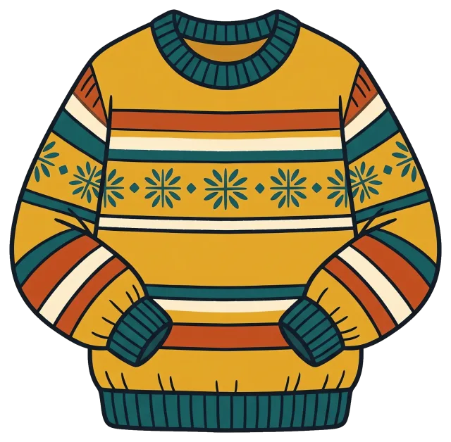 Cute cozy sweater with colorful stripes and snowflake pattern