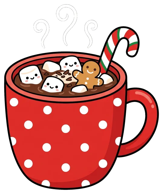 Cute hot cocoa with marshmallows, gingerbread, and candy cane