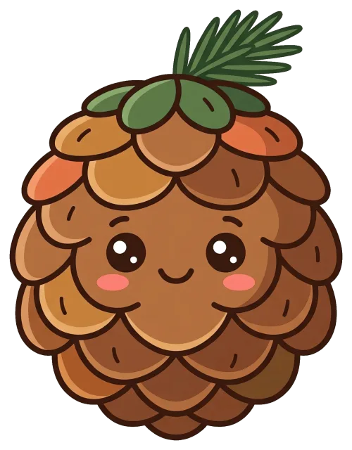 Cute pine cone with smiling face and green leaves