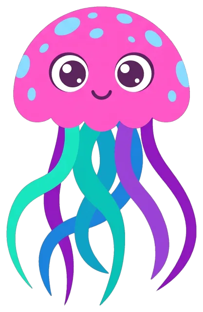 Cute pink jellyfish with colorful tentacles and big eyes