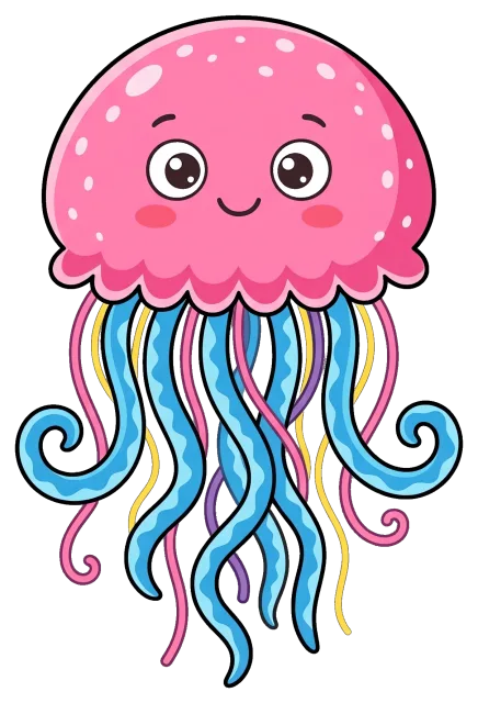 Cute pink jellyfish with colorful tentacles and smiling face