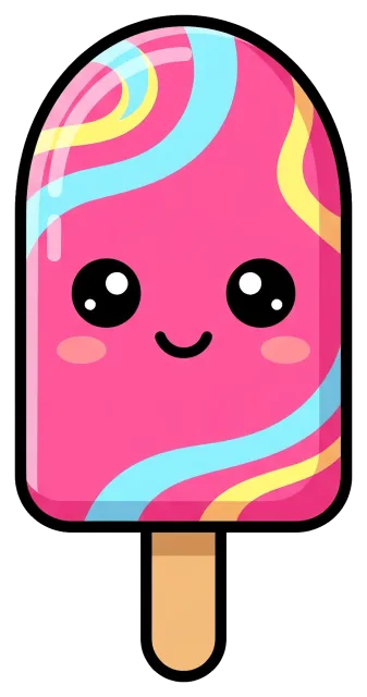Cute Pink Popsicle with Smiling Face and Colorful Swirls