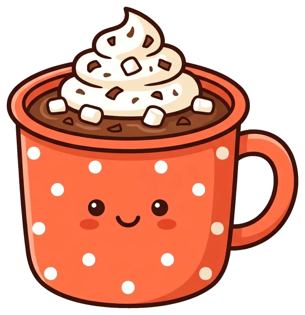Cute polka dot cup of hot cocoa with whipped cream and marshmallows