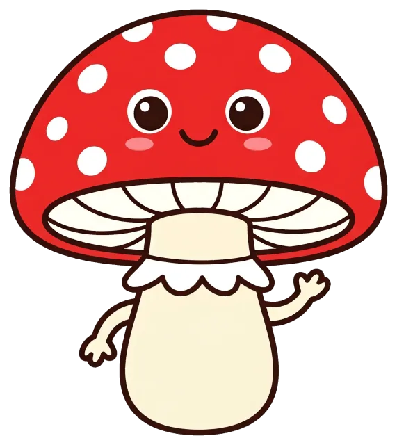 Cute red mushroom with white spots and smiling face