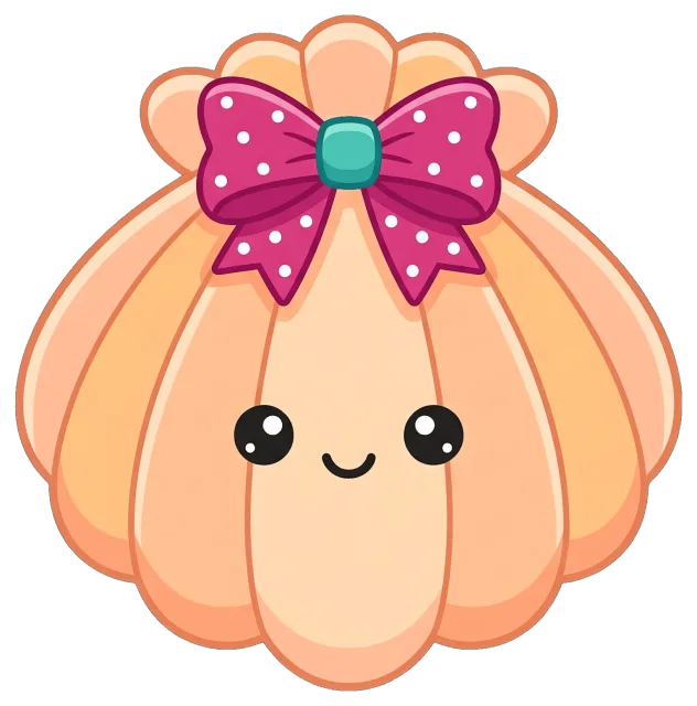 Cute seashell with pink polka dot bow and smiling face
