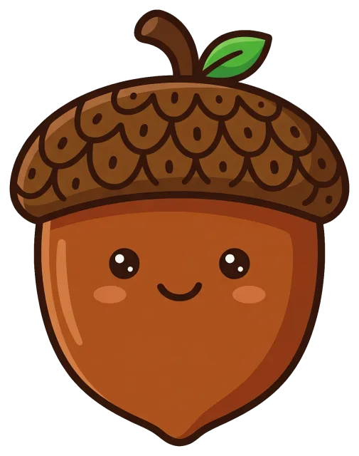 Cute smiling acorn with leaf and cap